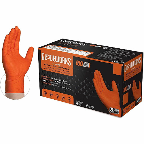 GloveWorks by AMMEX Gloveworks Industrial Orange Raised Diamond Texture Nitrile Disposable Gloves (GWON44100)