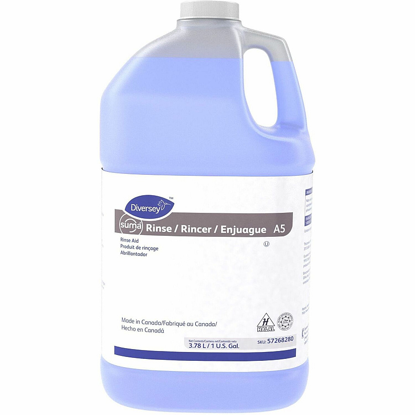 Suma Rinse A5 For General Purpose, Dishwasher, Dish - Liquid - 128 fl oz (4 quart) - 7.1 to 7.42 pH - Surfactant Scent - Kosher, Low Foaming, Streak-free, Quick Drying - Blue - 4 / Carton (57268280)