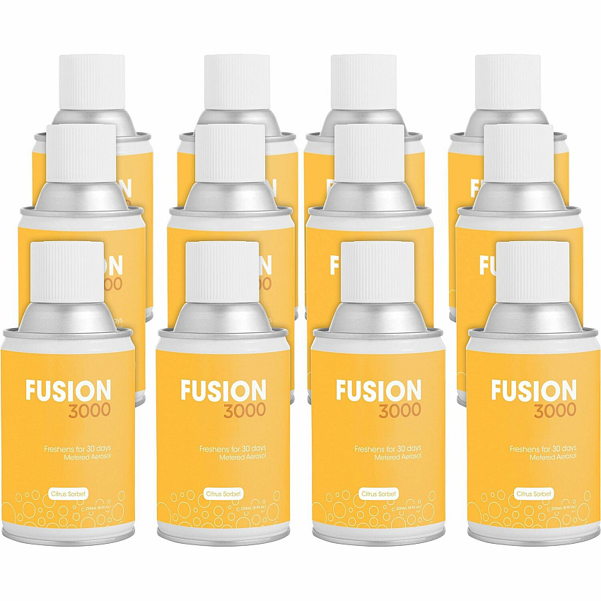 Fresh Products Fusion 3000 Metered Aerosols 6000 ft? - Citrus Sorbet - 30 Day - Odor Neutralizer, VOC Compliant - 12 / Carton (MAIRCT)