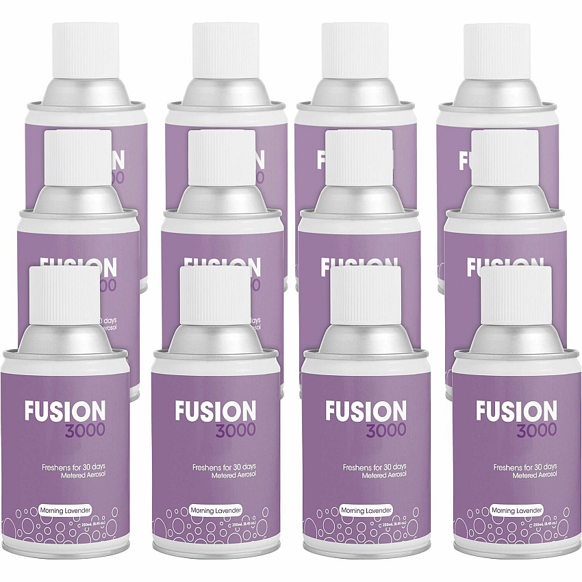 Fresh Products Fusion 3000 Metered Aerosols 6000 ft? - Morning Lavender - 30 Day - Odor Neutralizer, VOC Compliant - 12 / Carton (MAIRLV)