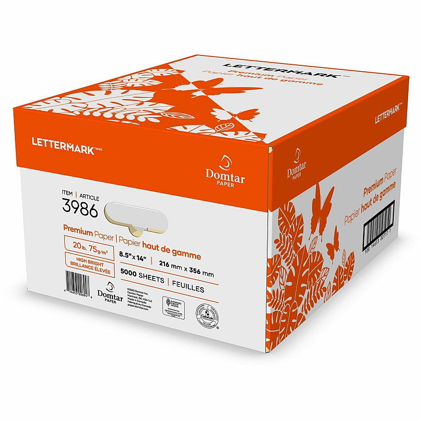 Domtar Lettermark Copy Paper 96 Brightness - 90% Opacity - Legal - 8 1/2" x 14" - 20 lb Basis Weight - 75 g/m² Grammage - Sustainable Forestry Initiative (SFI) - ColorLok Technology, Printable, Jam-free, Acid-free, Long Lasting - White - 500 S (3986)
