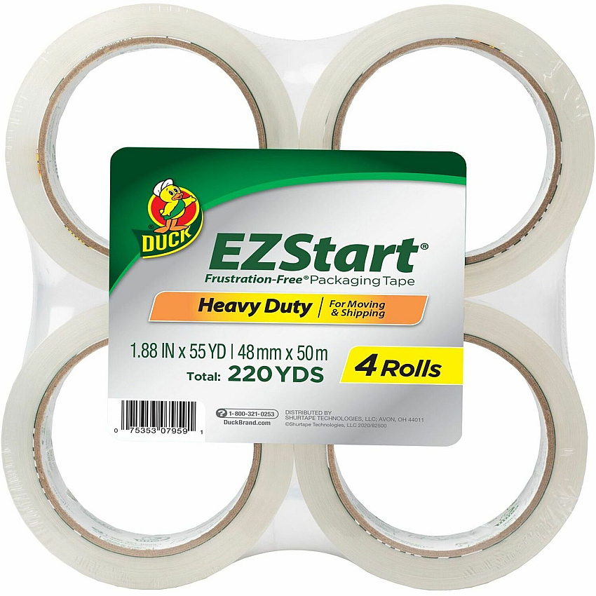 Duck Brand EZ Start Packaging Tape 55 yd Length - Clear - For Shipping, Moving, Storing, Office, Home - 4 / Pack (285712)
