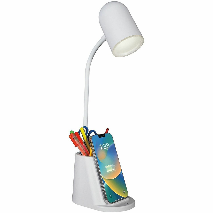 OttLite Aglow Organizer LED Desk Lamp 14" Height x 3.7" Width - 5 W LED Bulb - Wireless Charging, ClearSun LED, Flexible Neck, Adjustable Brightness, Touch-activated, Color Temperature Setting, Adjustable Height - White - for Desk, Smartphone - (CS6W300W)