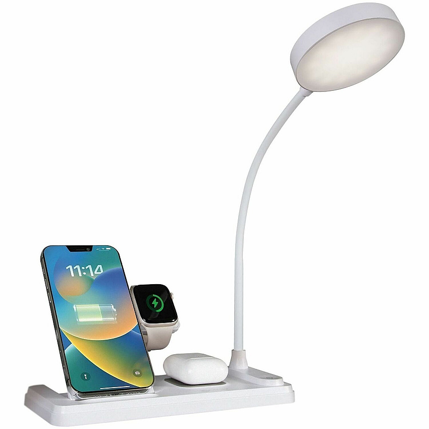 OttLite LED Desk Light with Multi Charging Station 14" Height x 3.7" Width - LED Bulb - Wireless Charging, Built-in USB Port, Dimmable, Flexible Neck, Touch-activated - White - for Desk - 1 Each (VW2009)