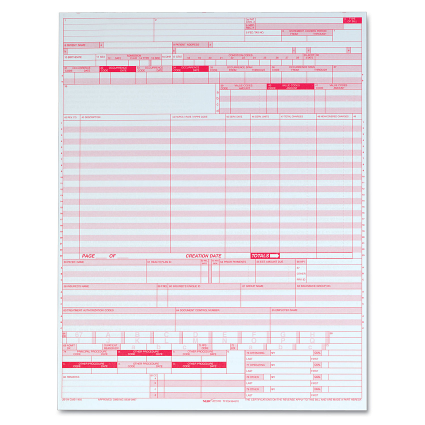 TOPS UB04 Hospital Insurance Claim Form, 8.5 x 11, 1/Page, 2,500 Forms (59870R)