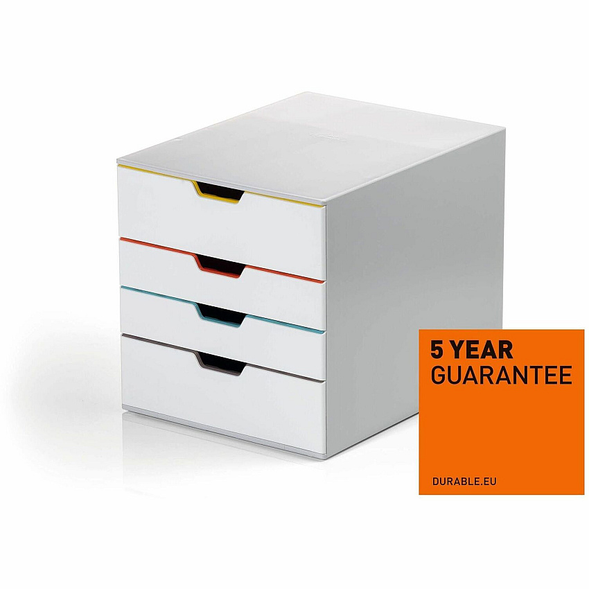 DURABLE Varicolor Mix 4, White/Multicolor 4 Drawer(s) - 11.50" Height x 11.02" Width x 14.02" Depth - Desktop - Stackable - Labeling Area, Stackable, Recessed Handle, Removable Drawer, Non-slip Feet - White, Multicolor - Plastic - 1 Each (762427)