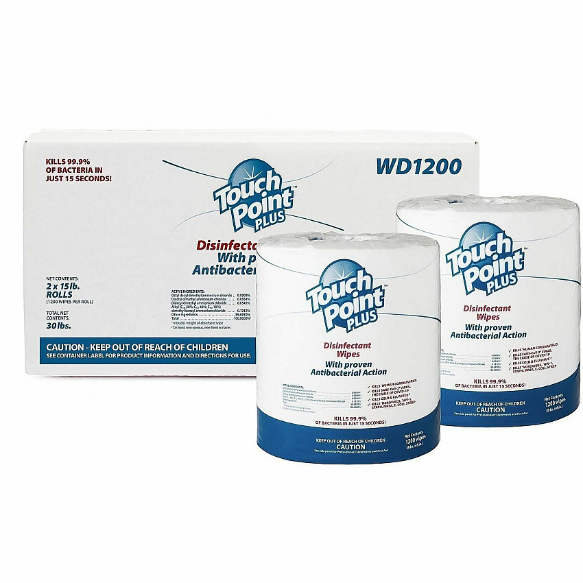 Touch Point&reg; Plus Disinfectant Wipes For Multi Surface, Multipurpose - Wipe - 8" Length x 6" Width - Recommended For: Bacteria Remover, Odor Remover, Virus Remover - Fast Acting, Alcohol-free - White - 1200 Wipes/Roll - 2 / Carton (WD1200)