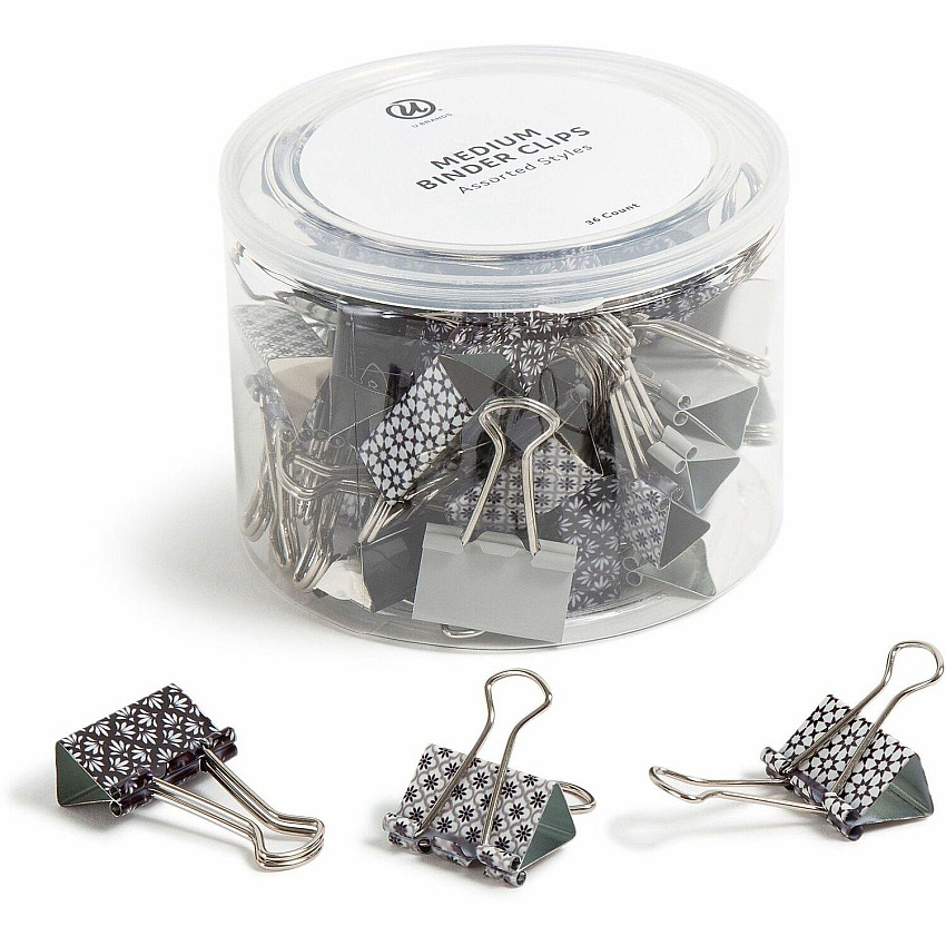 U Brands Binder Clip Medium - 1" Width - 145 Sheet Capacity - for Paperwork, Paper, Office, Home, School, Document, Notes, File, Assignment - Acid-free, Non-magnetic, Durable, Non-slip Grip - Assorted, Silver, White, Black - Steel, Metal - 36  (3607U0624)