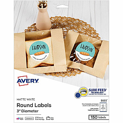 Avery® Multipurpose Label 3" Diameter - Round - Matte White - 6 / Sheet - 150 Total Label(s) - 150 / Pack (05655) Avery® Multipurpose Label 3" Diameter - Round - Matte White - 6 / Sheet - 150 Total Label(s) - 150 / Pack (05655)