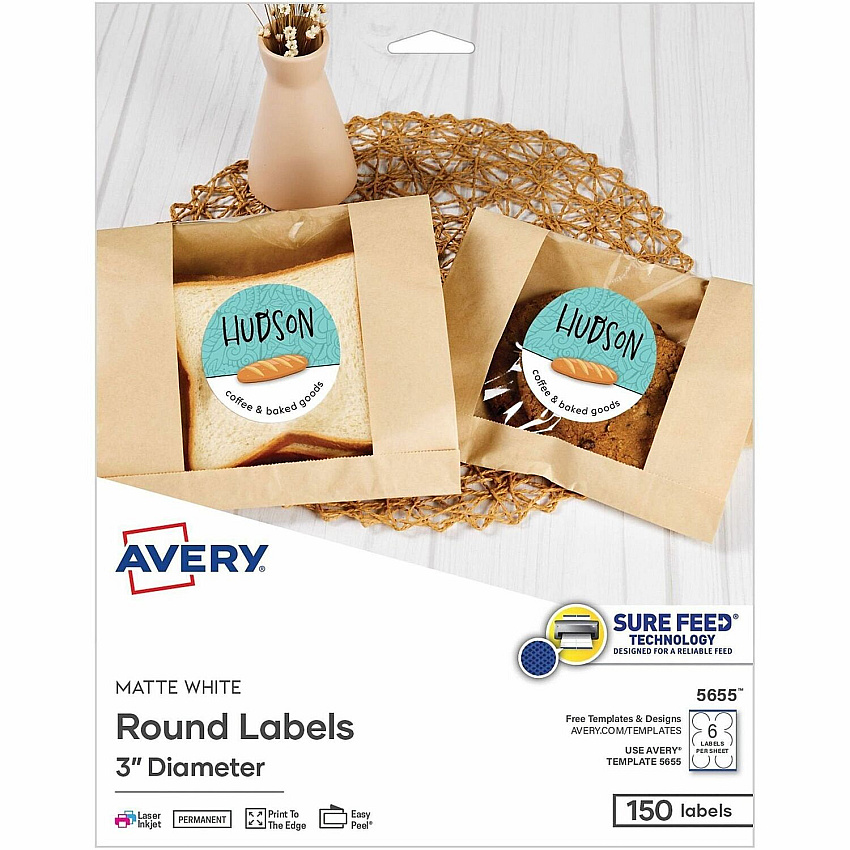 Avery&reg; Multipurpose Label 3" Diameter - Round - Matte White - 6 / Sheet - 150 Total Label(s) - 150 / Pack (05655)