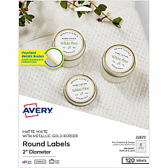 Avery® Multipurpose Label x 2" Diameter - Permanent Adhesive - Round - Laser, Inkjet - Matte - Gold, Matte White - Gold Border - Paper - 12 / Sheet - 10 Total Sheets - 120 Total Label(s) - 120 / Pack (22875) Avery® Multipurpose Label x 2" Diameter - Permanent Adhesive - Round - Laser, Inkjet - Matte - Gold, Matte White - Gold Border - Paper - 12 / Sheet - 10 Total Sheets - 120 Total Label(s) - 120 / Pack (22875)