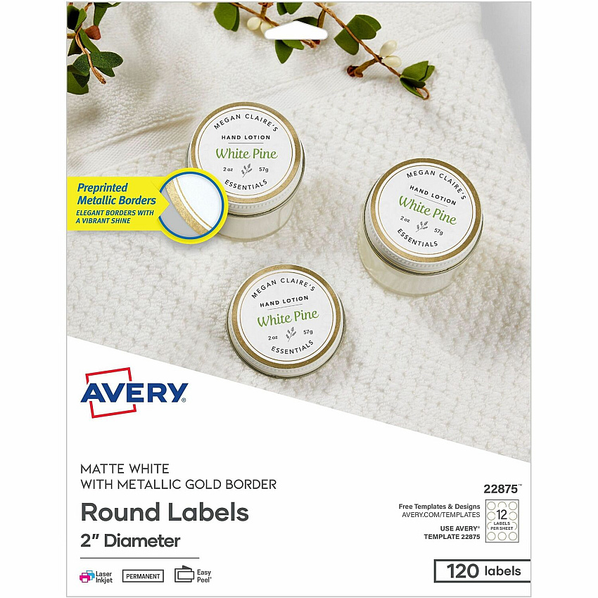 Avery&reg; Multipurpose Label x 2" Diameter - Permanent Adhesive - Round - Laser, Inkjet - Matte - Gold, Matte White - Gold Border - Paper - 12 / Sheet - 10 Total Sheets - 120 Total Label(s) - 120 / Pack (22875)