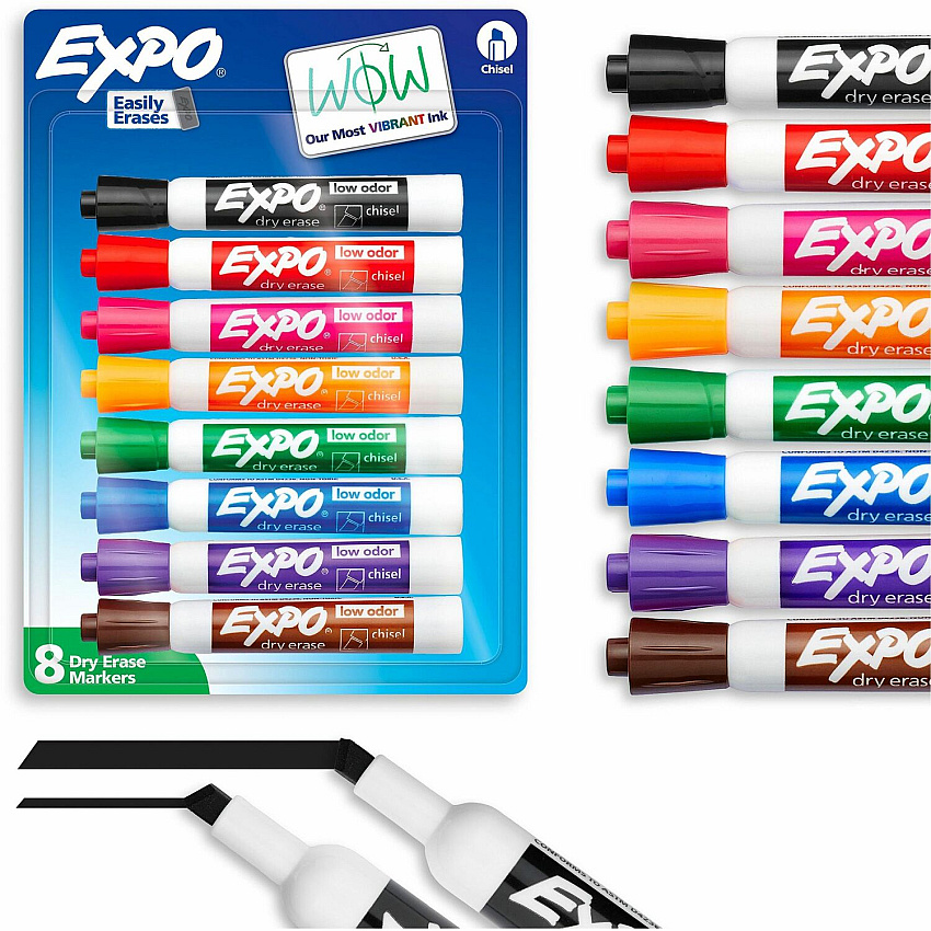 Expo Low Odour Dry Erase Markers Chisel Tip Assorted Colours 8/pkg Erasable - Assorted Ink - Dry - Classroom, Office, Home, Glass - 8 / Pack (80678A)