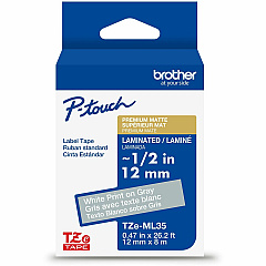 Brother Genuine P-touch TZeML35 WHT on GRY Label Tape, Premium Matte Laminated, 12mmX8m 15/32" Width - Matte Gray - Laminated - Water Resistant - 1 Each (TZEML35G)