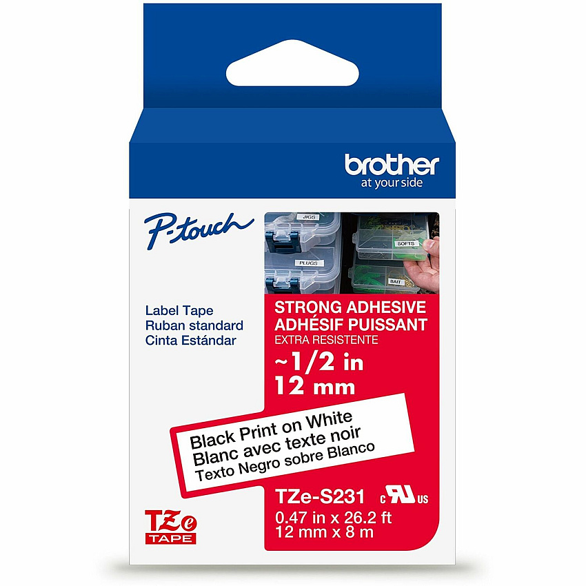 P-touch Genuine TZeS231 BK on WHT Label Tape, Strong Adhesive Lam., 12mmX8m 15/32" Width - White - Laminated - Water Resistant - 1 Each (TZES231G)