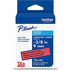 Brother Genuine P-touch TZe421 BK on RD Label Tape, Laminated, 9mmX8m 23/64" Width - Red - Laminated - Water Resistant - 1 Each (TZE421G)
