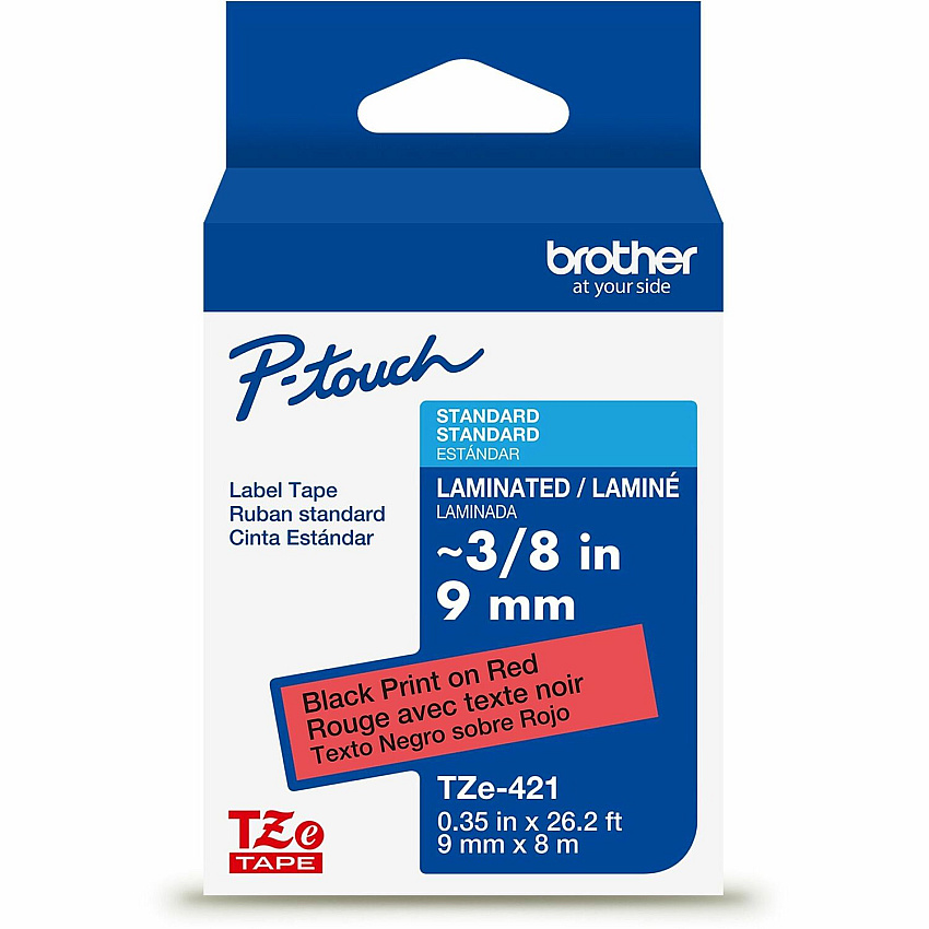 Brother Genuine P-touch TZe421 BK on RD Label Tape, Laminated, 9mmX8m 23/64" Width - Red - Laminated - Water Resistant - 1 Each (TZE421G)