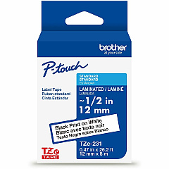 P-touch Genuine TZe231 BK on WHT Label Tape, Laminated, 12mmX8m 15/32" Width - White - Laminated - Water Resistant - 1 Each (TZE231G)