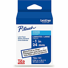 P-touch Genuine TZe151 BK on CLR Label Tape, Laminated, 24mmX8m 15/16" Width - Clear - Laminated - Water Resistant - 1 Each (TZE151G)