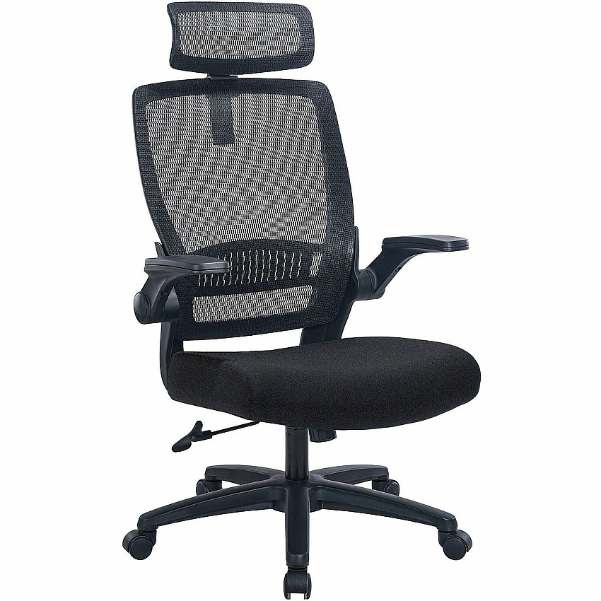 Lorell Lanser Mesh-Back Chair with Flip-Up Arms Fabric Seat Material - Mesh Back Material - High Back - 5-star Base - Black - Armrest - 1 Each (LLR63210)