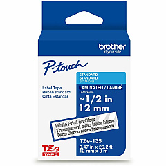 P-touch Genuine TZe135 WHT on CLR Label Tape, Laminated, 12mmX8m 15/32" Width - Clear - Laminated - Water Resistant - 1 Each (TZE135G)