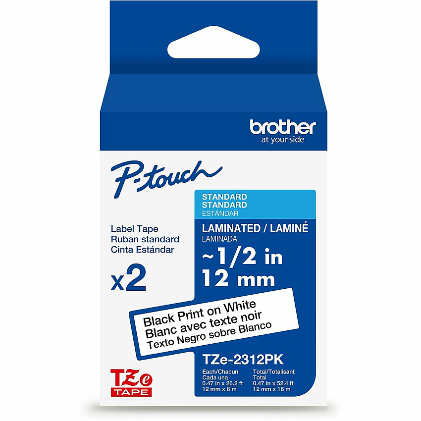 Brother Genuine P-touch TZe2312PK BK on WHT Label Tapes, Laminated, 12mmX8m each 15/32" Width - White - Laminated - Water Resistant - 2 / Pack (TZE2312PKG)