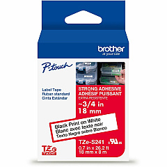 P-touch Genuine TZeS241 BK on WHT Label Tape, Strong Adhesive Lam., 18mmX8m 45/64" Width - White - Laminated - Water Resistant - 1 Each (TZES241G)