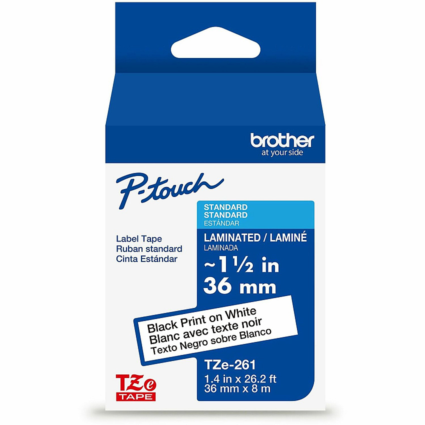 P-touch Genuine TZe261 BK on WHT Label Tape, Laminated, 36mmX8m 1 27/64" Width - White - Laminated - Water Resistant - 1 Each (TZE261G)