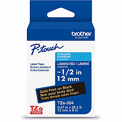 P-touch Genuine TZe334 GLD on BK Label Tape, Laminated, 12mmX8m