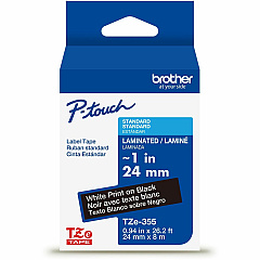 P-touch Genuine TZe355 WHT on BK Label Tape, Laminated, 24mmX8m 15/16" Width - White on Black - Laminated - Water Resistant - 1 Each (TZE355G)