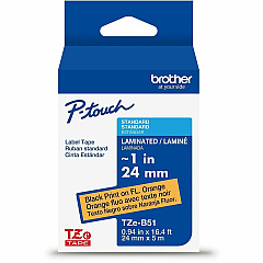 P-touch Genuine TZeB51 BK on FLUOR ORG Label Tape, Laminated, 24mmX5m x 15/16" Width - Fluorescent Orange - Polyethylene Terephthalate (PET) - Water Resistant - Laminated - 1 Each (TZEB51G)