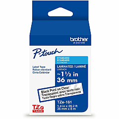P-touch Genuine TZe161 BK on CLR Label Tape, Laminated, 36mmX8m 1 27/64" Width - Clear - Laminated - Water Resistant - 1 Each (TZE161G)