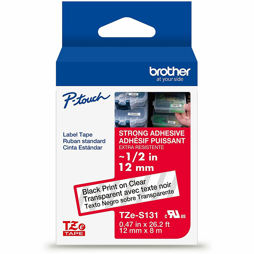 P-touch Genuine TZeS131 BK on CLR Label Tape, Strong Adhesive Lam., 12mmX8m 15/32" Width - Clear - Laminated - Water Resistant - 1 Each (TZES131G)