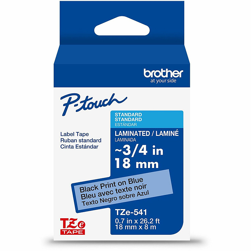 Brother Genuine P-touch TZe541 BK on BK Label Tape, Laminated, 18mmX8m x 45/64" Width x 26 1/5 ft Length - Blue - Laminate - Water Resistant - Laminated - 1 Each (TZE541G)