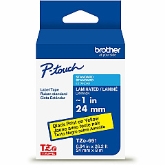P-touch Genuine TZe651 BK on YL Label Tape, Laminated, 24mmX8m 15/16" Width - Black On Yellow - Laminated - Water Resistant - 1 Each (TZE651G)