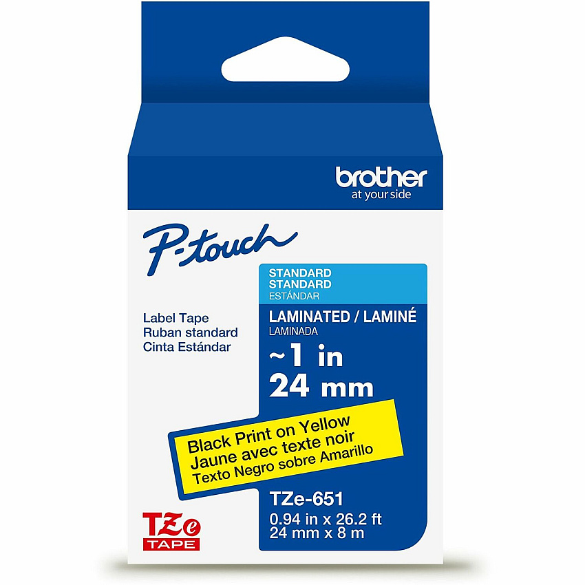 P-touch Genuine TZe651 BK on YL Label Tape, Laminated, 24mmX8m 15/16" Width - Black On Yellow - Laminated - Water Resistant - 1 Each (TZE651G)