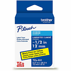P-touch Genuine TZe631 BK on YL Label Tape, Laminated, 12mmX8m 15/32" Width - Yellow - Laminated - Water Resistant - 1 Each (TZE631G)