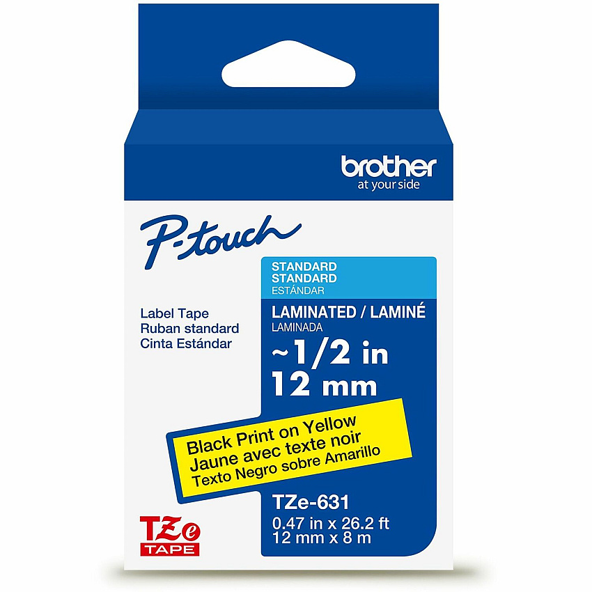 P-touch Genuine TZe631 BK on YL Label Tape, Laminated, 12mmX8m 15/32" Width - Yellow - Laminated - Water Resistant - 1 Each (TZE631G)