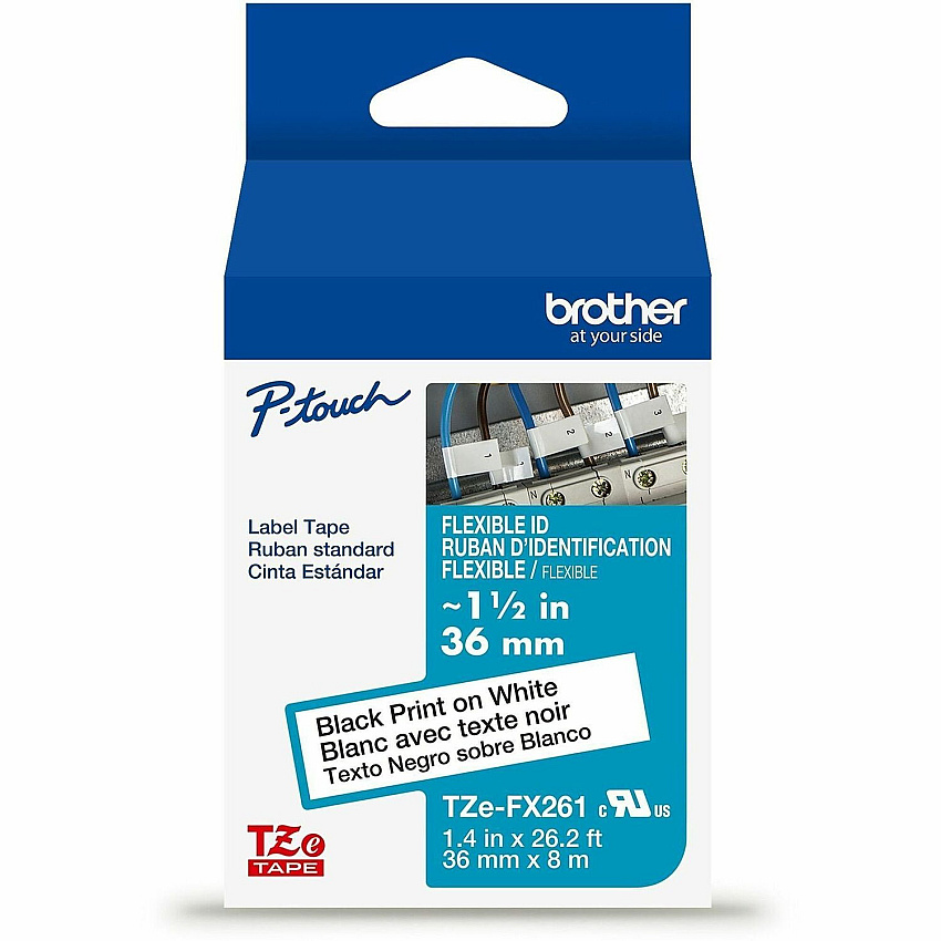 Brother Genuine P-touch TZeFX261 BK on WHT Label Tape, Flexible ID Laminated, 36mmX8m x 1 27/64" Width - White - Polyester - Water Resistant - Laminated - 1 Each (TZEFX261G)