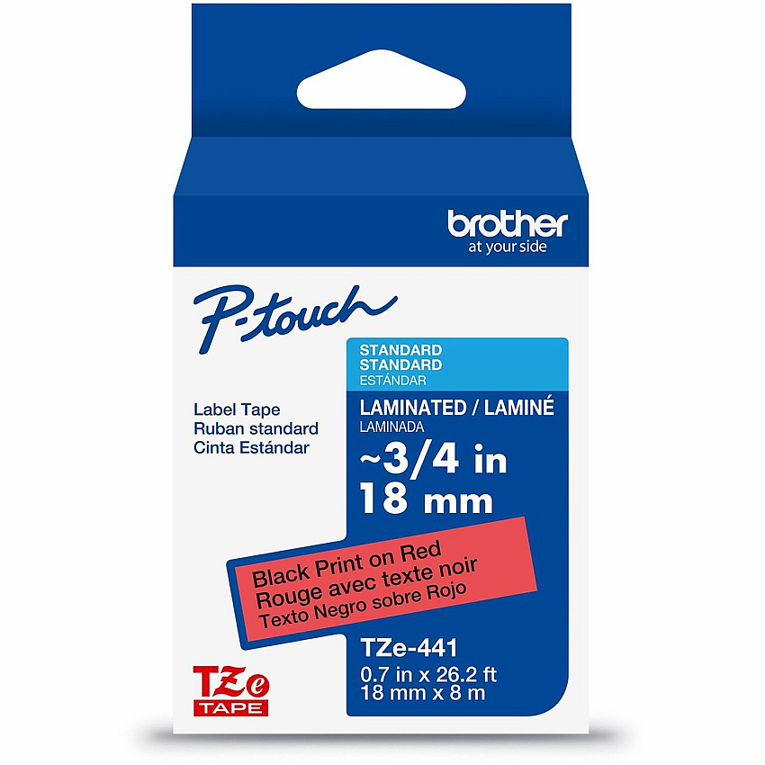 Brother Genuine P-touch TZe441 BK on RD Label Tape, Laminated, 18mmX8m 45/64" Width - Red - Laminated - Water Resistant - 1 Each (TZE441G)