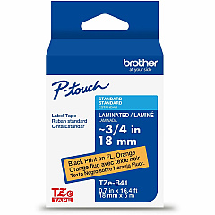 P-touch Genuine TZeB41 BK on FLUOR ORG Label Tape, Laminated, 18mmX5m 45/64" Width - Fluorescent Orange - Laminated - Water Resistant - 1 Each (TZEB41G)