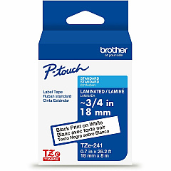 P-touch Genuine TZe241 BK on WHT Label Tape, Laminated, 18mmX8m 45/64" Width - White - Laminated - Water Resistant - 1 Each (TZE241G)