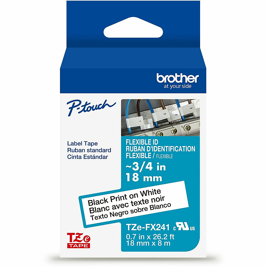 Brother Genuine P-touch TZeFX241 BK on WHT Label Tape, Flexible ID Laminated, 18mmX8m 45/64" Width - White - Laminated - Water Resistant - 1 Each (TZEFX241G)