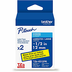 Brother Genuine P-touch TZe6312PK BK on YL Label Tapes, Laminated, 12mmX8m each 15/32" Width - Yellow - Laminated - Water Resistant - 2 / Pack (TZE6312PKG)