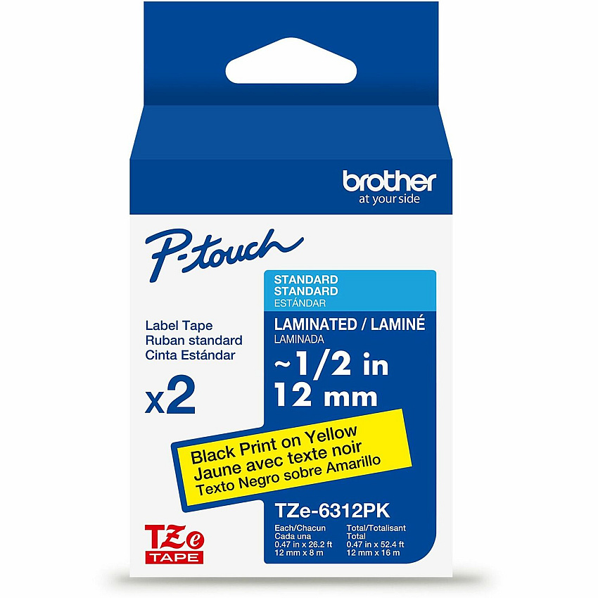 Brother Genuine P-touch TZe6312PK BK on YL Label Tapes, Laminated, 12mmX8m each 15/32" Width - Yellow - Laminated - Water Resistant - 2 / Pack (TZE6312PKG)
