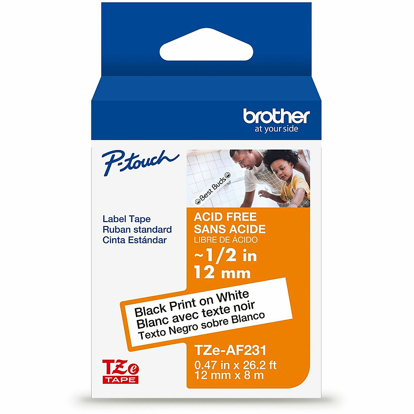 Brother Label Tape x 15/32" Width x 26 1/5 ft Length - Thermal Transfer - Black on White - Paper - Water Resistant - Laminated - 1 Each (TZEAF231G)