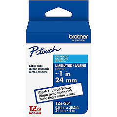 P-touch Genuine TZe251 BK on WHT Label Tape, Laminated, 24mmX8m 15/16" Width - White - Laminated - Water Resistant - 1 Each (TZE251G)