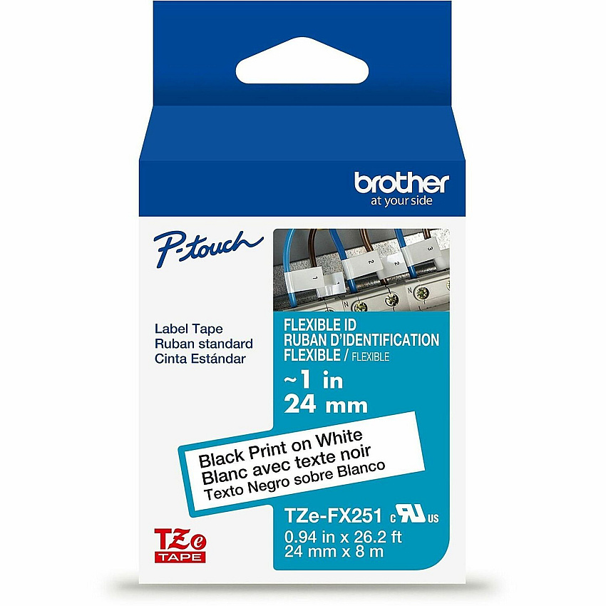 P-touch Genuine TZeFX251 BK on WHT Label Tape, Flexible ID Laminated, 24mmX8m x 15/16" Width - Black on White - Polyester - Water Resistant - Laminated - 1 Each (TZEFX251G)