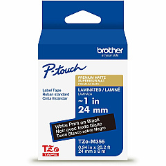 Brother Genuine P-touch TZeM355 WHT on BK Label Tape, Premium Matte Laminated, 24mmX8m 15/16" Width - Matte Black - Laminated - Water Resistant - 1 Each (TZEM355G)