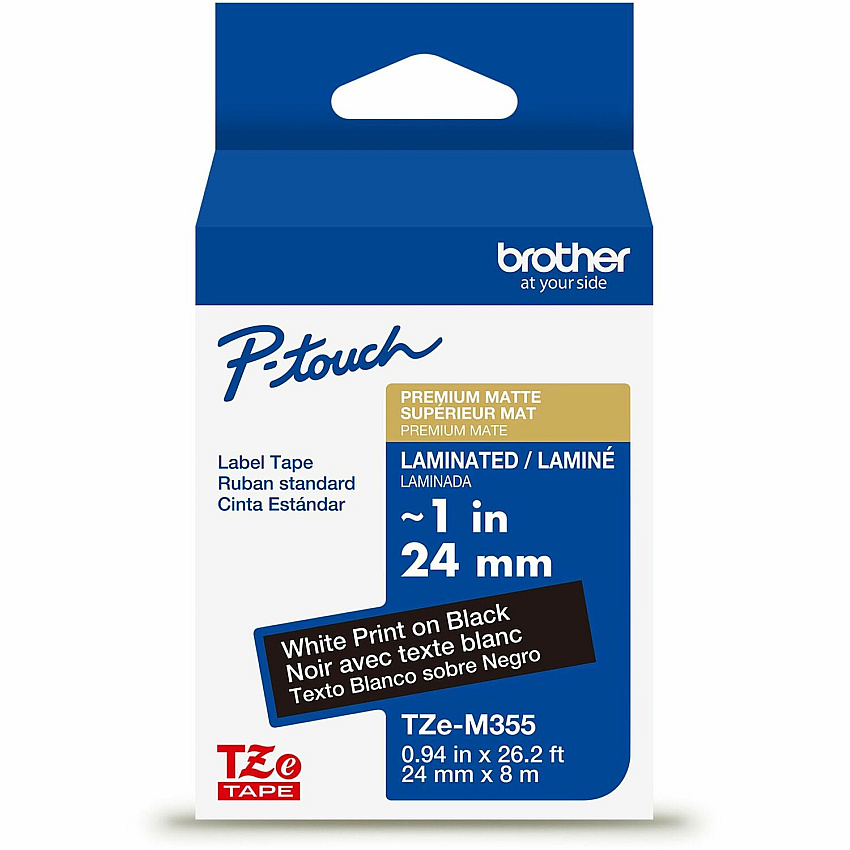 Brother Genuine P-touch TZeM355 WHT on BK Label Tape, Premium Matte Laminated, 24mmX8m 15/16" Width - Matte Black - Laminated - Water Resistant - 1 Each (TZEM355G)